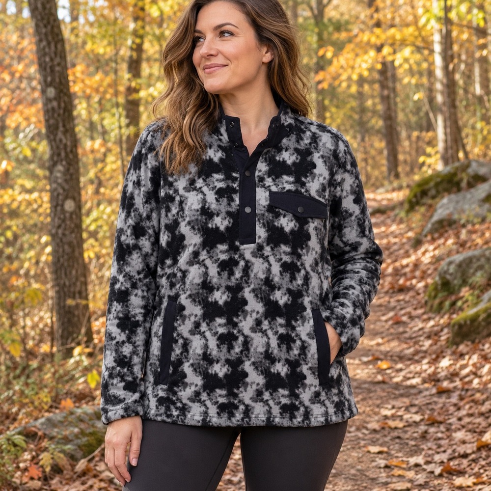 Duluth Trading Women's Doubleback Printed Fleece Pullover L Black Camo Gorpcore